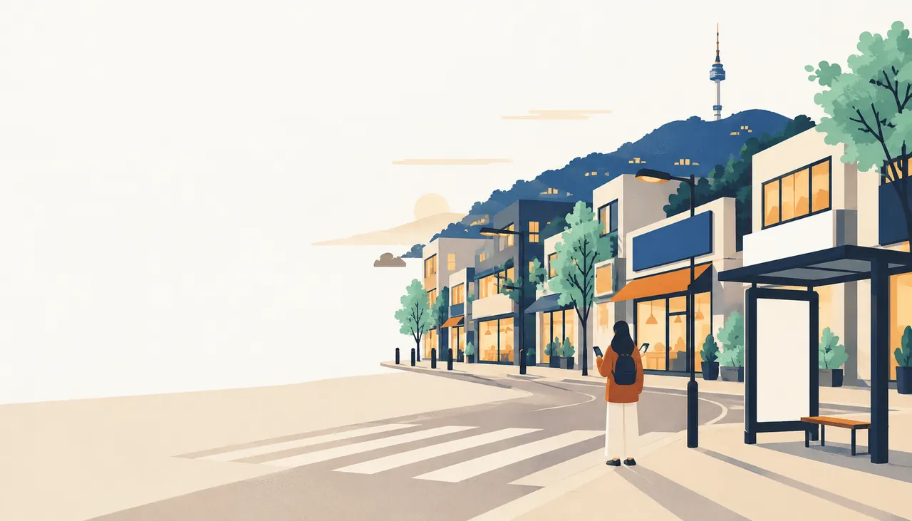Illustration: a traveller with a backpack, a phone in each hand, at a quiet street corner; a tower stands on the hill behind